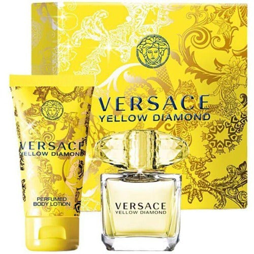 Versace Yellow Diamond gift set with Eau de Toilette bottle, body lotion, and yellow packaging box front view