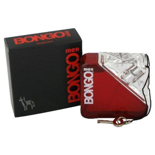 Bongo Men eau de toilette bottle in red with black box and drawstring pouch.