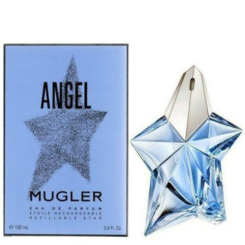 Angel by Mugler eau de parfum bottle and blue box with glitter star design