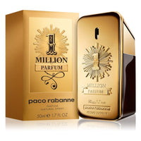 Paco Rabanne 1 Million Parfum gold bar shaped bottle with embossed sunburst design and packaging box front view