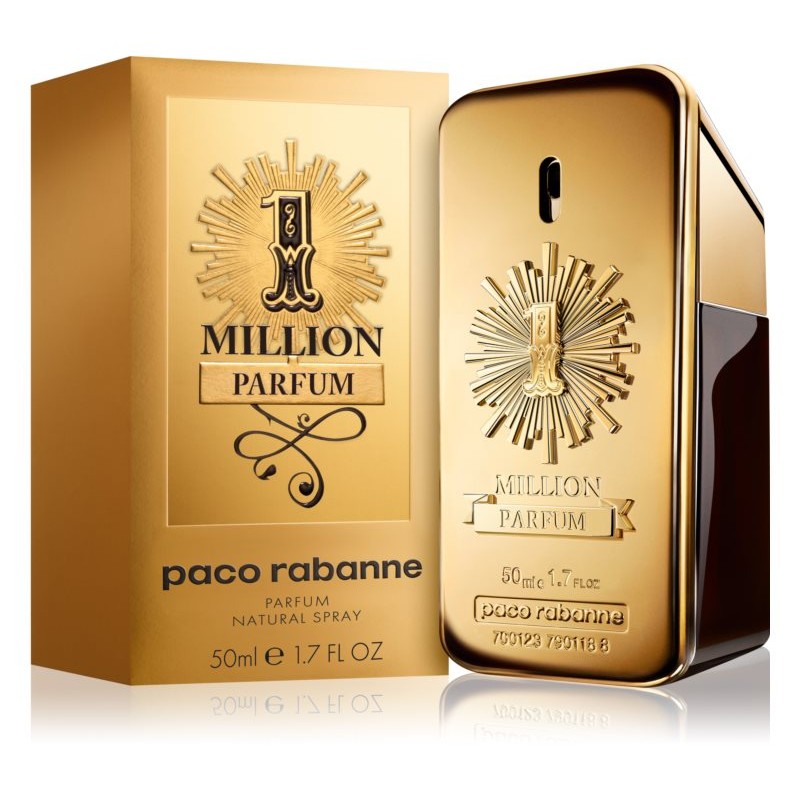 Paco Rabanne 1 Million Parfum gold bar shaped bottle with embossed sunburst design and packaging box front view