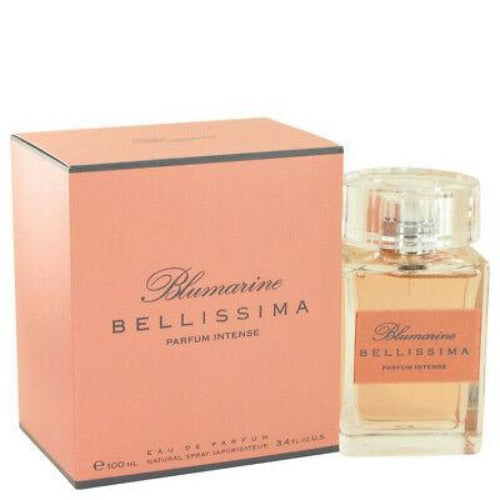 Blumarine Bellissima Intense perfume bottle next to coral-colored box packaging