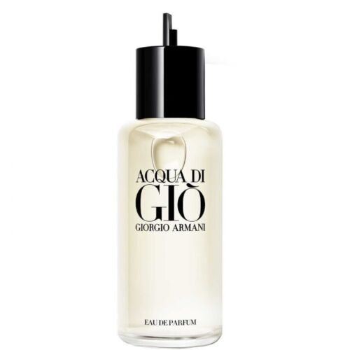Acqua Di Gio by Giorgio Armani eau de parfum bottle with black cap and clear liquid.
