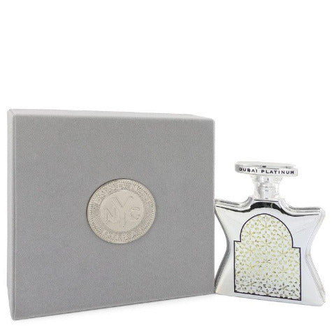 Bond No. 9 Dubai Platinum fragrance bottle with gray presentation box featuring circular logo detail