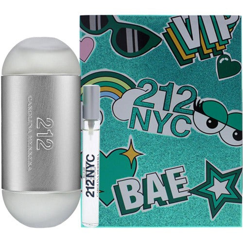 212 two piece gift set with silver cylindrical bottle and sample vial with teal branded box