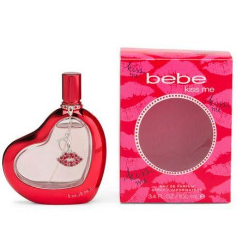 Bebe Kiss Me Eau De Parfum bottle in red heart shape with pink box packaging