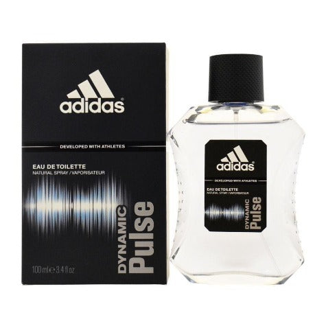 Adidas Dynamic Pulse eau de toilette bottle next to black box packaging with white logo and text