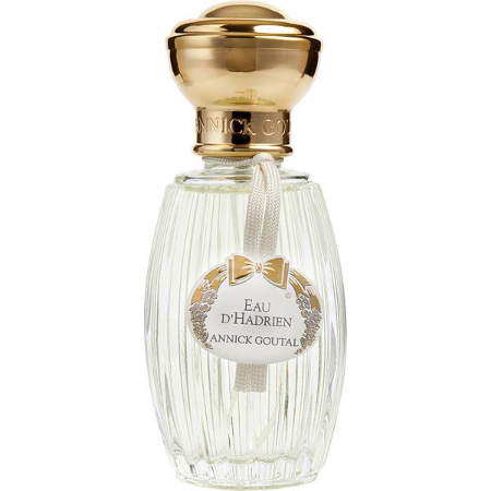 Annick Goutal Eau D'Hadrien bottle with gold cap and clear glass with vertical ribbing