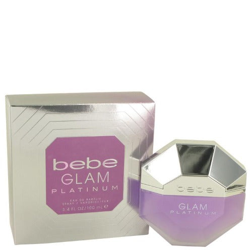 Bebe Glam Platinum perfume bottle in purple with silver box packaging displayed side by side.
