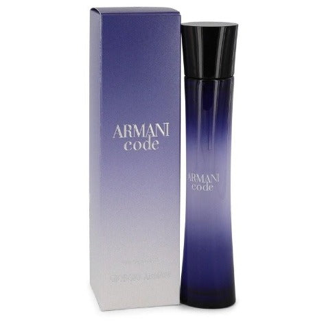 Armani Code Eau De Parfum bottle with purple gradient packaging and black cap displayed next to box.