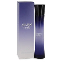 Armani Code Eau De Parfum bottle with purple gradient packaging and black cap displayed next to box.
