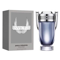 Paco Rabanne Invictus Eau de Toilette 3.4 oz trophy shaped glass bottle with packaging box front view