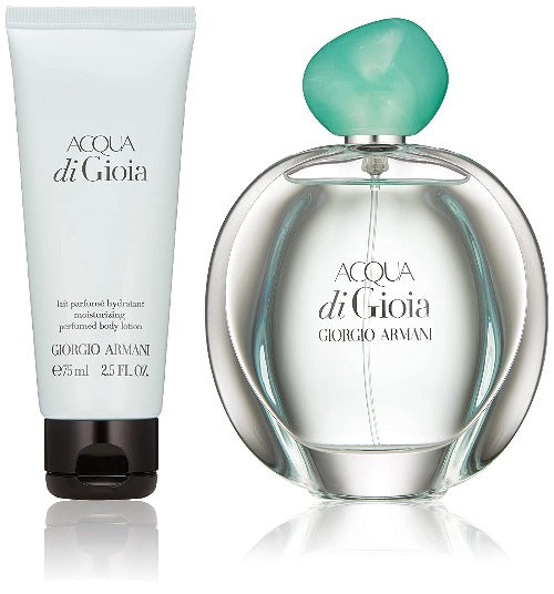 Acqua di Gioia fragrance bottle with green cap and matching body lotion tube.