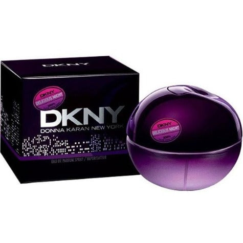 DKNY Be Delicious Night purple spherical perfume bottle with black box packaging