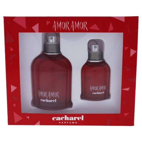 Amor Amor two-piece fragrance gift set with large and small red perfume bottles in red box
