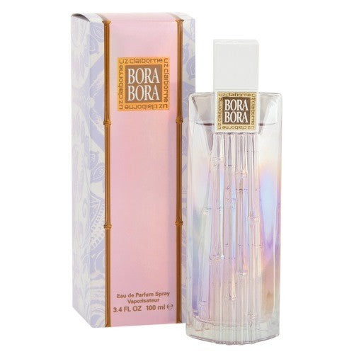 Bora Bora Eau de Parfum spray bottle with pink box and tan straps.