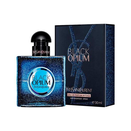 Black Opium Intense perfume bottle with blue circular label next to navy box packaging