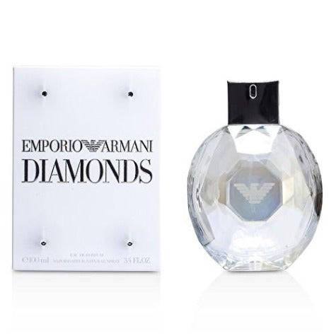Emporio Armani Diamonds Eau de Parfum 3.4 oz transparent diamond shaped bottle with packaging box front view