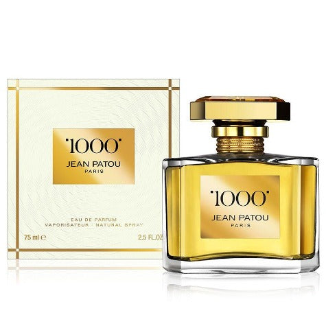 1000 by Jean Patou Eau De Parfum bottle and box, gold liquid in clear glass with gold cap.