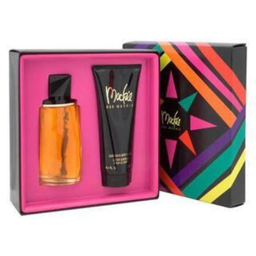 Bob Mackie 2 Piece Gift Set with orange fragrance bottle and black body lotion tube in pink box