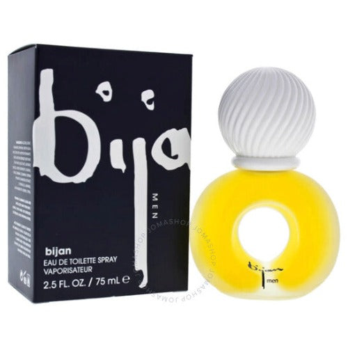 Bijan Eau De Toilette spray bottle with yellow liquid and ribbed white cap next to black packaging box