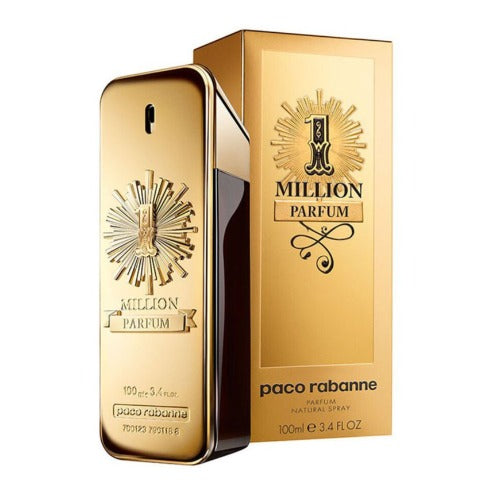 Paco Rabanne 1 Million Parfum gold bar shaped bottle with embossed sunburst design and packaging box front view