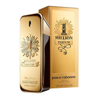 Paco Rabanne 1 Million Parfum gold bar shaped bottle with embossed sunburst design and packaging box front view