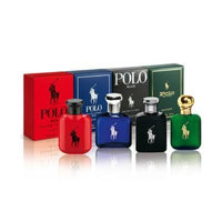 Ralph Lauren Polo 4 piece mini fragrance gift set with bottles and packaging box front view