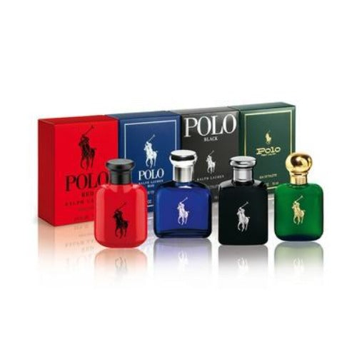 Ralph Lauren Polo 4 piece mini fragrance gift set with bottles and packaging box front view