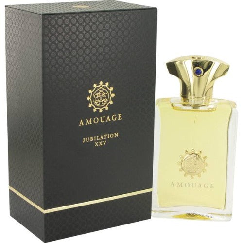 Amouage Jubilation XXV eau de parfum bottle with black box packaging and gold accents