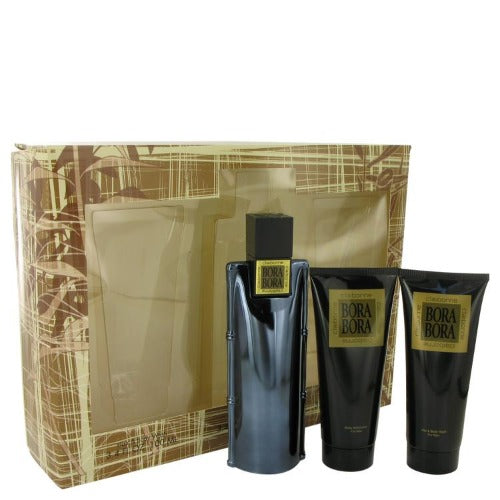 Bora Bora 3 Piece Gift Set with cologne bottle and two black tubes in gold box packaging