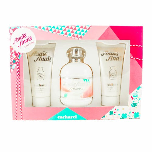 Anais Anais L'Original three-piece gift set with perfume bottle and two cream tubes in pink packaging.