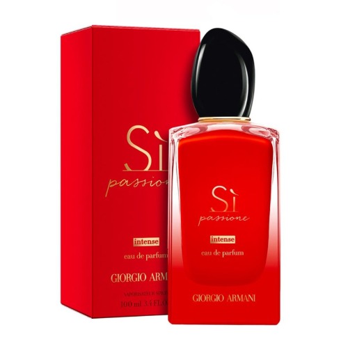 Armani Si Passione Intense red fragrance bottle with black cap next to matching red box