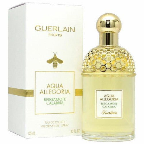 Guerlain Aqua Allegoria Bergamote Calabria eau de toilette bottle and white box with gold accents