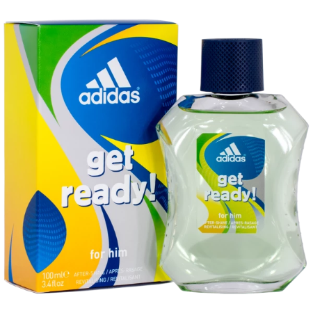 Adidas Get Ready aftershave box and 100ml bottle with clear glass and navy cap