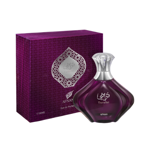 Afnan Turathi Purple bottle with silver cap next to purple decorative box packaging