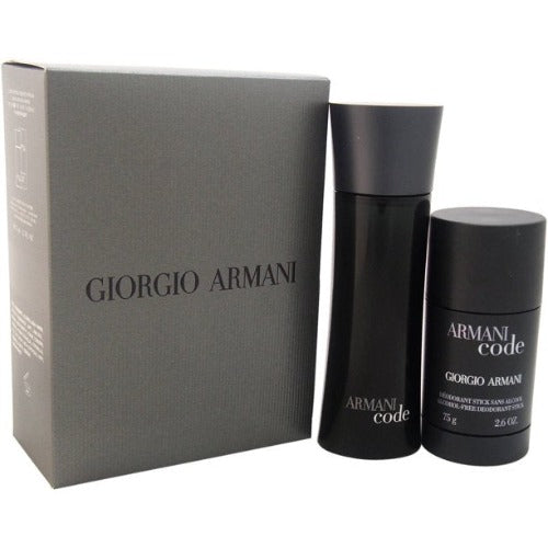 Armani Code 2 Piece Gift Set with gray box, black fragrance spray bottle and deodorant stick.