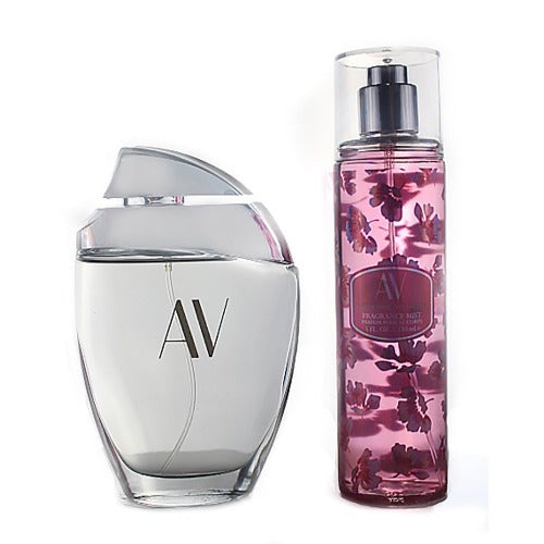 Av 2 Piece Gift Set with clear glass bottle and pink spray fragrance bottle