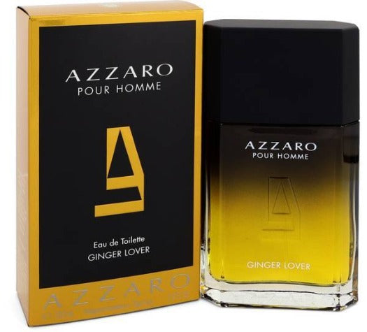 Azzaro Pour Homme Ginger Lover fragrance bottle with yellow liquid next to black and gold box packaging