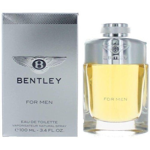 Bentley For Men eau de toilette bottle with silver cap next to gray box packaging