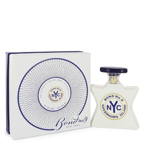 Bond No 9 Governors Island perfume bottle with white box featuring blue circular design pattern.