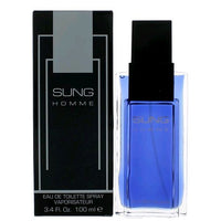 Alfred Sung Homme fragrance bottle in blue glass with black box packaging displayed together.