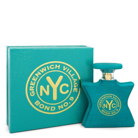 Bond No. 9 Greenwich Village teal box and parfum bottle with gold circular label