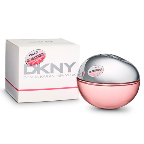 DKNY Be Delicious Fresh Blossom perfume bottle with silver cap and pink liquid, displayed with white box packaging.