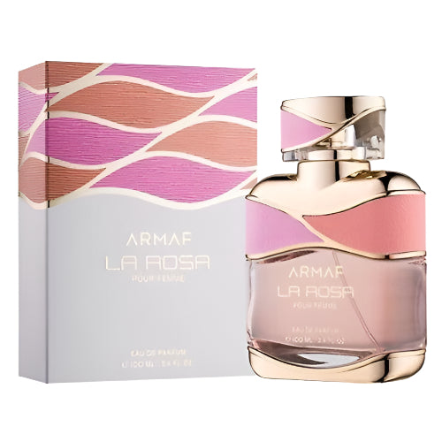 Armaf La Rosa perfume bottle with pink packaging box featuring wavy design patterns