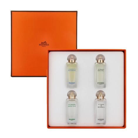Hermes Variety 4 Piece Mini Set with four 0.25 oz Eau de Toilette bottles and packaging box front view