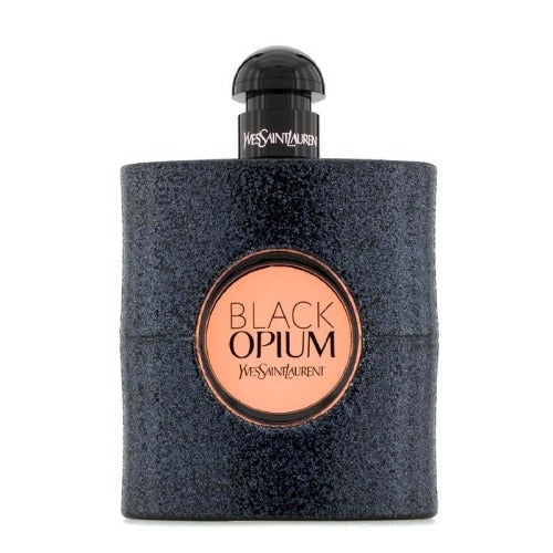 Black Opium Eau De Parfum bottle with dark textured exterior and copper-colored label medallion