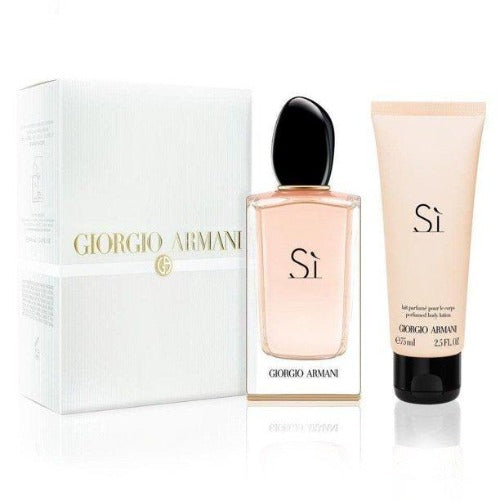 Armani Si gift set with white box, eau de parfum bottle with black cap, and body lotion tube