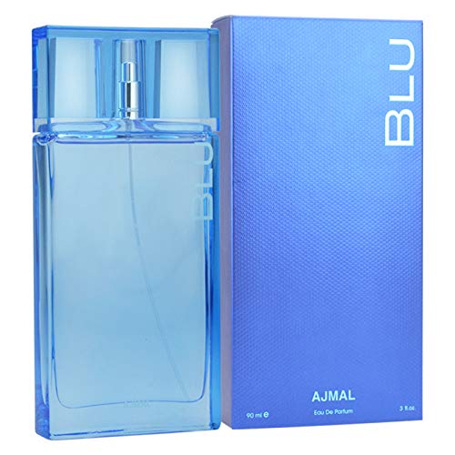 Ajmal Blu Eau De Parfum bottle and blue box packaging with 90ml size notation