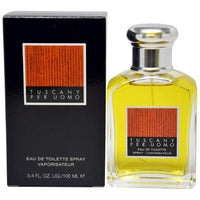 Tuscany Per Uomo Eau de Toilette 3.4 oz transparent bottle with yellow juice and black packaging box front view
